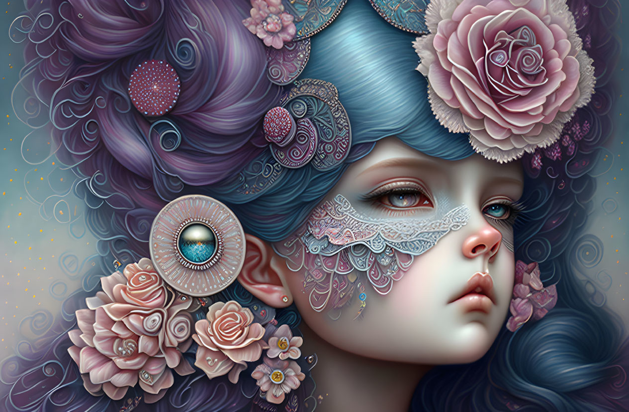 Illustration of female figure with blue and purple hair, roses, jewelry, and eye mask against swirling