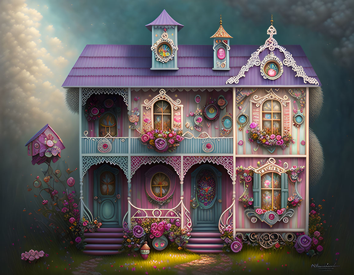 Fantasy pink house with floral decorations and round windows