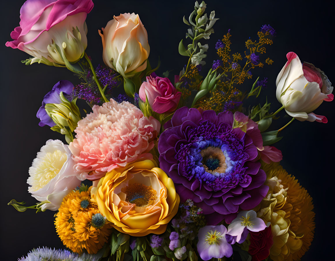 Colorful Flower Bouquet with Roses, Peonies, and Anemones in Pink, Yellow