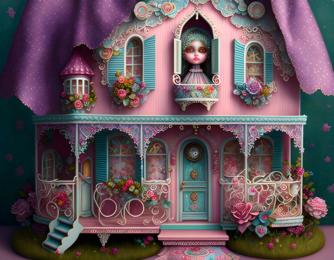 Detailed pink dollhouse illustration with floral adornments and doll face.