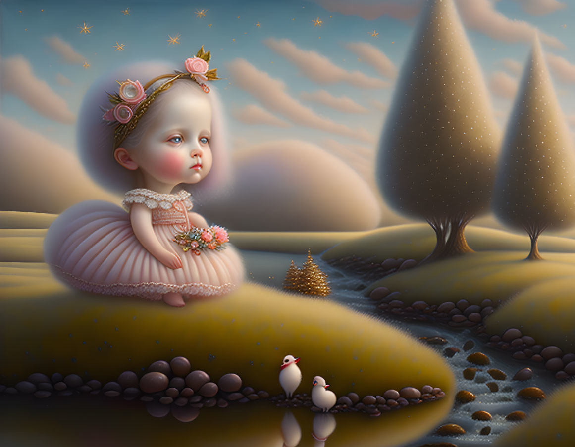 Surreal toddler in pink dress by stream with stars and whimsical trees