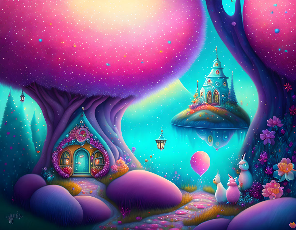 Fantasy landscape with pink and purple hues, treehouse, floating island, tower, whimsical creatures