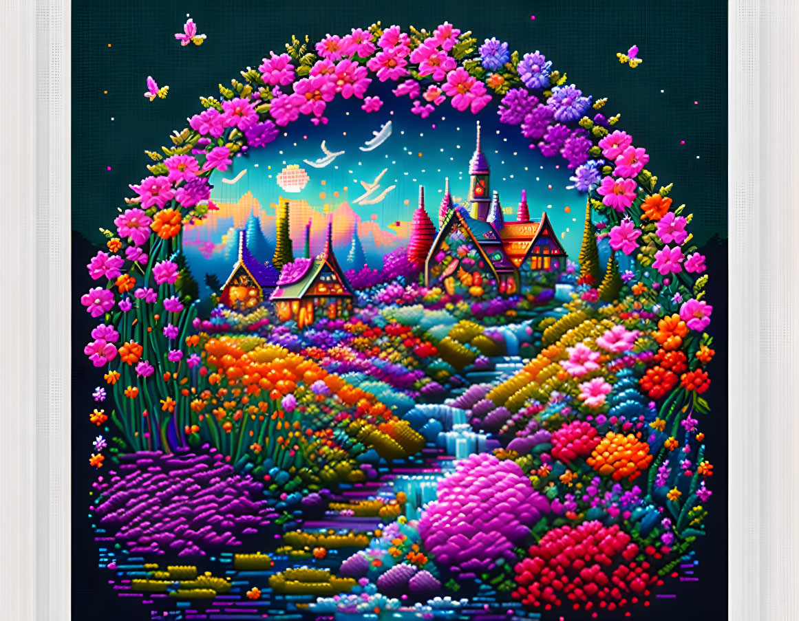 Colorful Floral Fantasy Landscape with Castle and Waterfalls