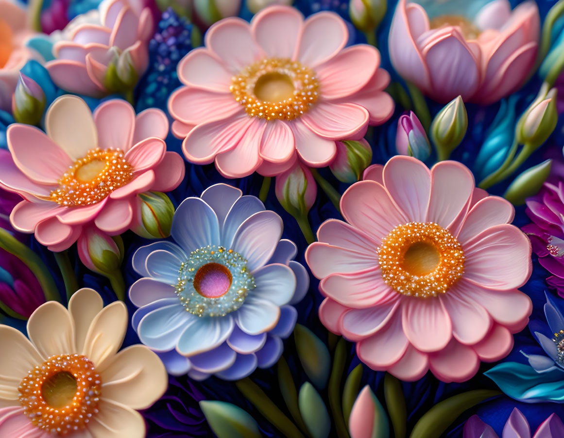 Colorful Stylized Flowers in Pink, Blue, and Orange on Greenery Background