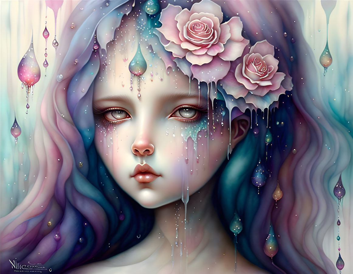 Surreal portrait of a girl with purple hair and roses in a celestial setting