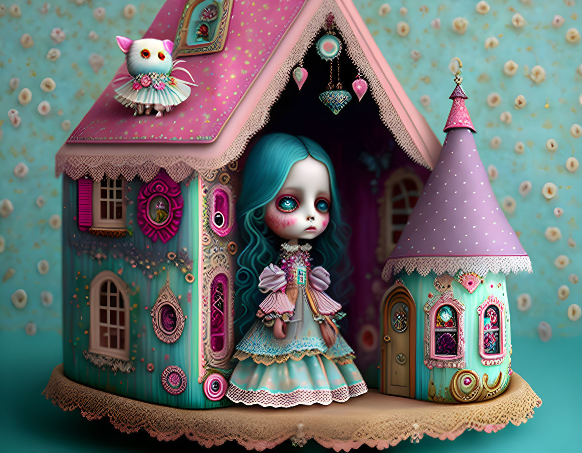 Illustration of sad-eyed doll by ornate cuckoo clock house with white cat