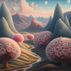 Surreal landscape with rose trees, pink clouds, rivers, mountains, and multiple moons