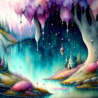 Colorful Forest with Glowing Balloons and Snow-Covered Trees