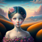 Surreal portrait of girl with large eyes and floral adornments in twilight landscape