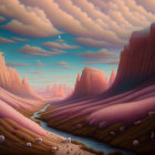 Surreal landscape with rock formations, river, and unique plants under patterned sky