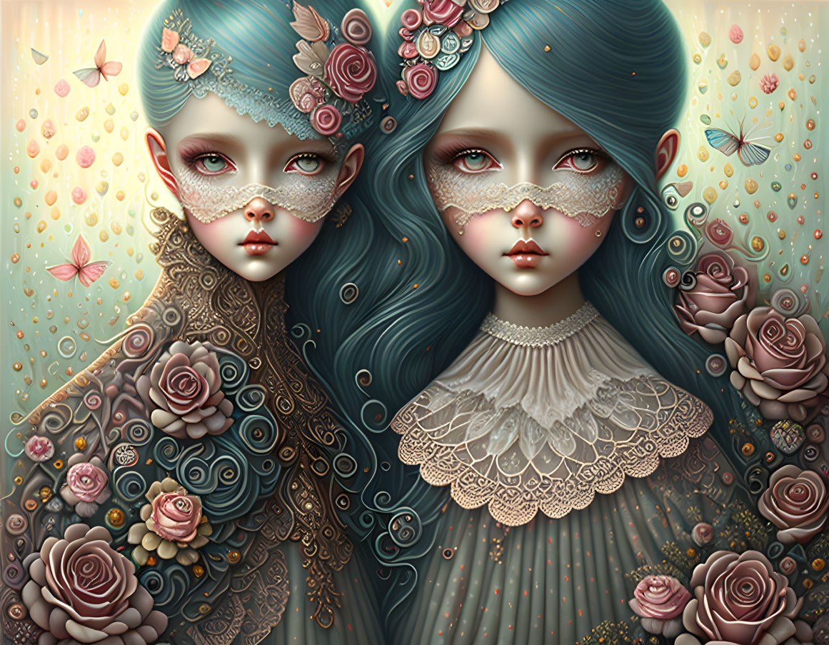 Ethereal female figures in floral attire with lace masks and whimsical atmosphere.