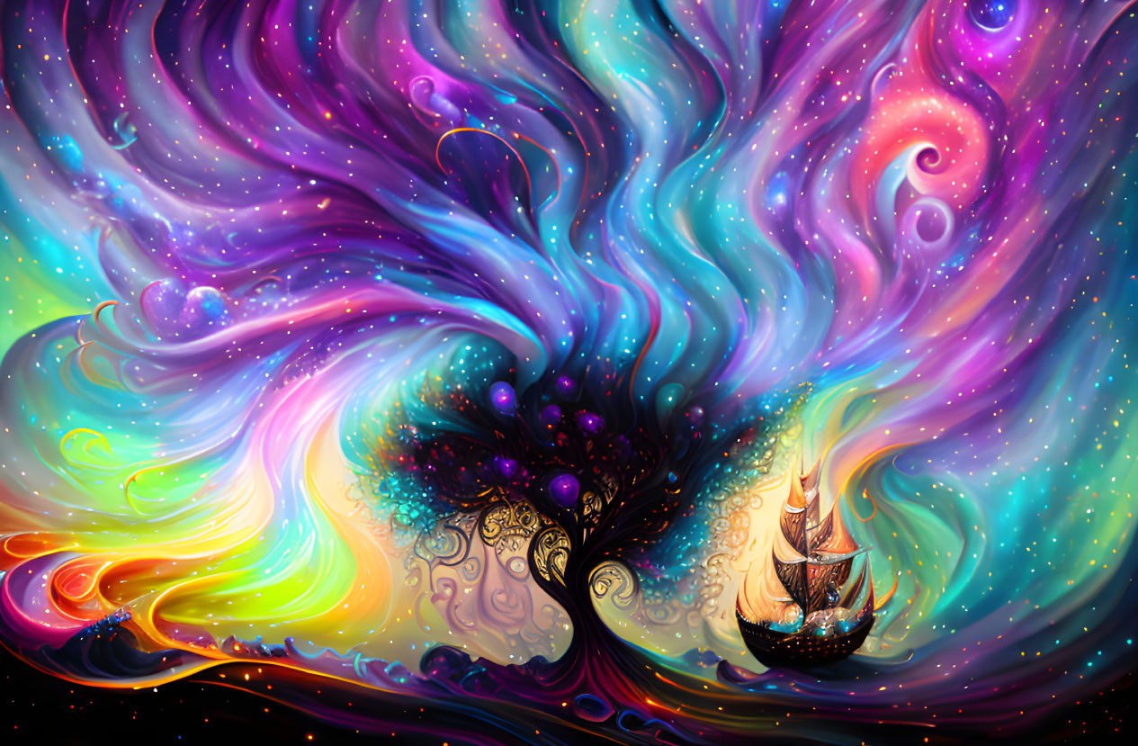 Colorful digital artwork of cosmic landscape with psychedelic tree and sailing ship