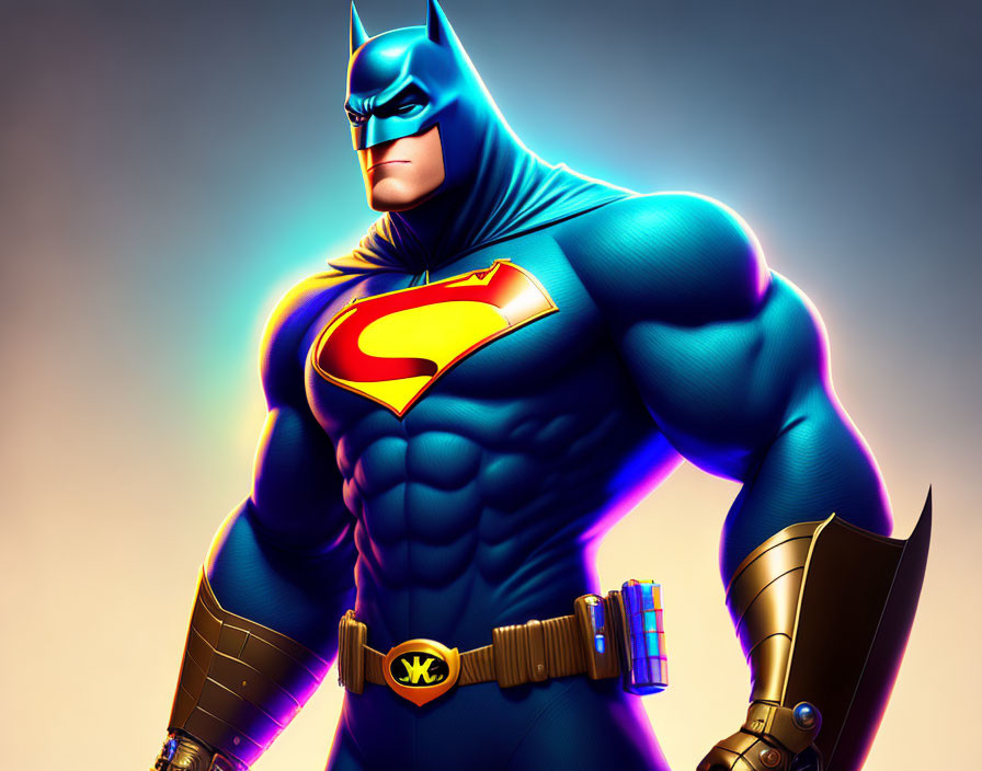 Muscular superhero with Batman's cowl and Superman's logo on chest on gradient background