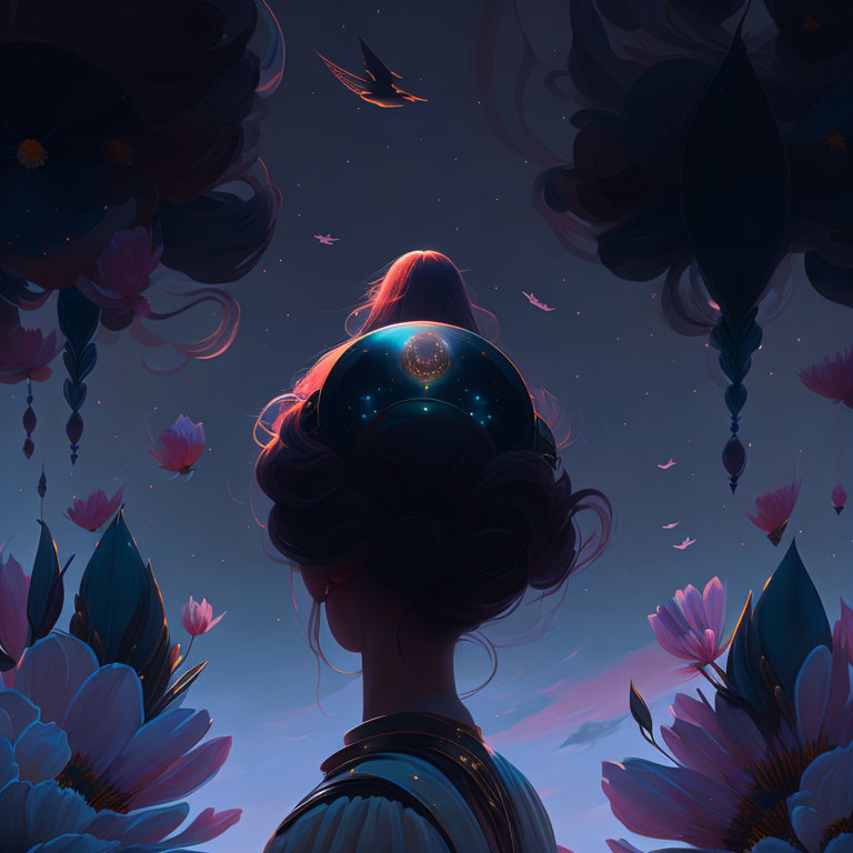 Woman with starry sky hair and floating flowers in twilight setting