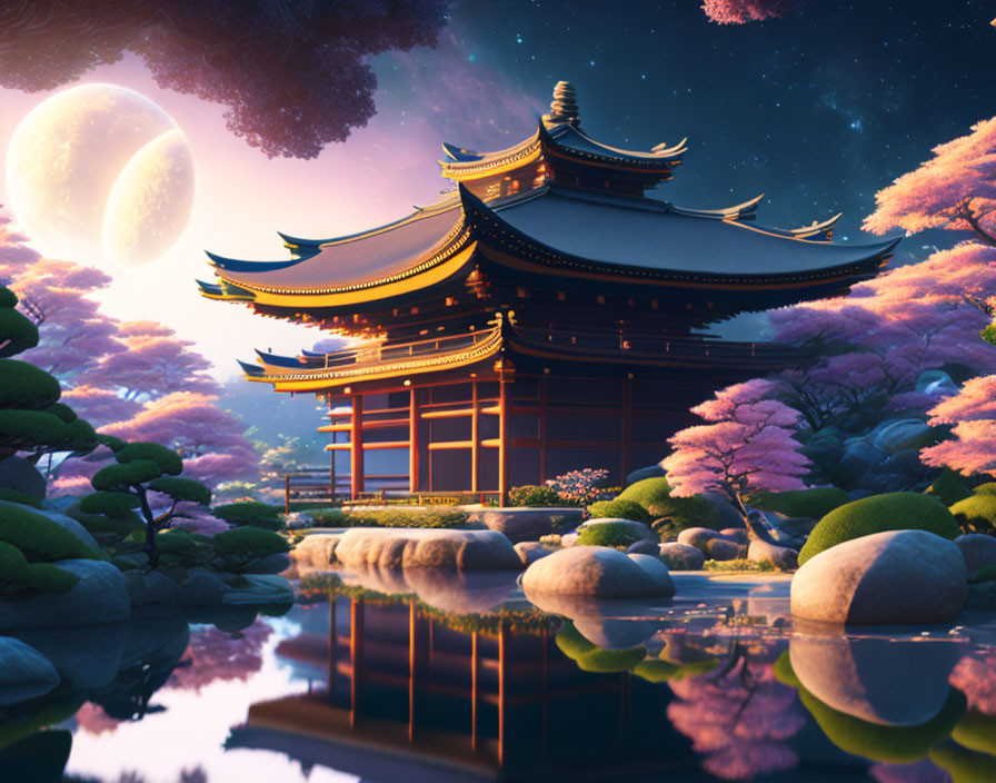 Japanese Temple with Cherry Blossoms and Moonlit Pond