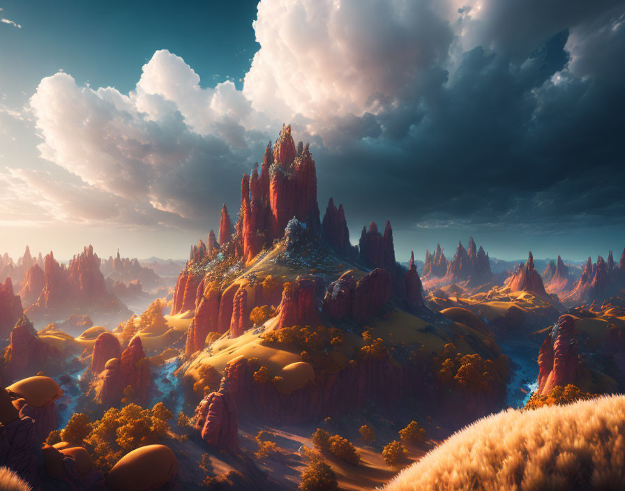 Majestic rock formations under dramatic sky in lush landscape