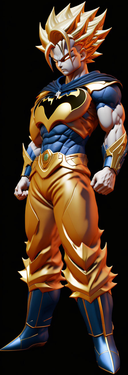 Muscular character with spiky hair in superhero suit with Batman emblem, utility belt, and ga