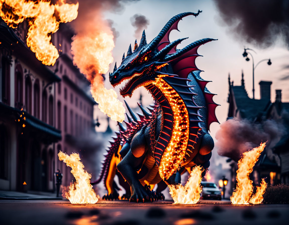 Fantastical dragon breathing fire on dimly lit street