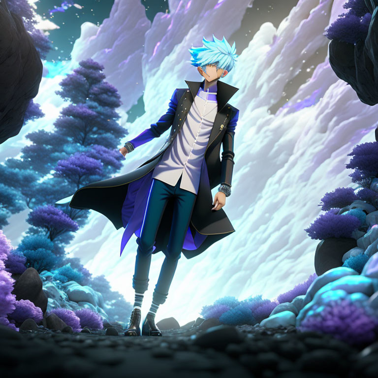 Stylized animated character with blue hair in fashionable outfit among purple flora and jagged rocks