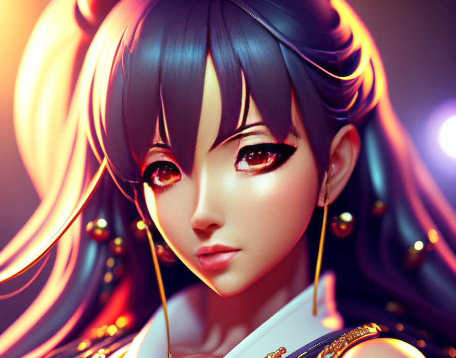 Colorful 3D anime girl with large eyes and gold earrings