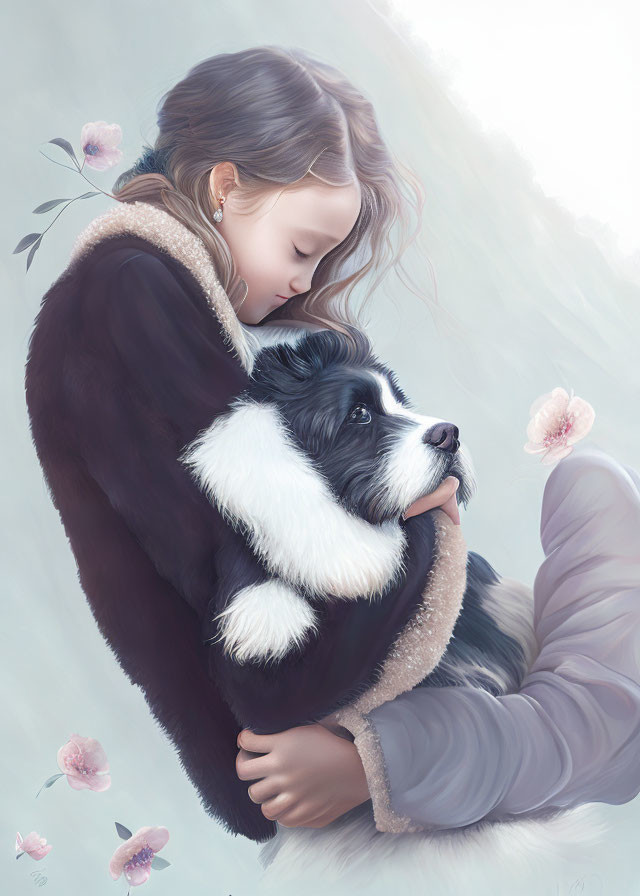 Girl embracing black and white dog among pink flowers