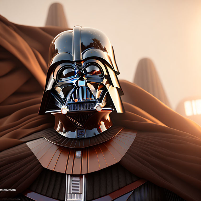 Stylized Darth Vader illustration with black helmet and cape on desert planet sunset