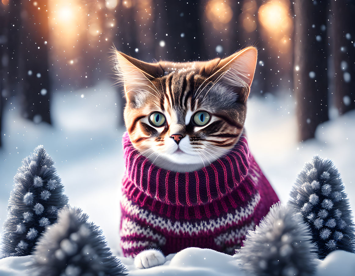 Tabby Cat with Blue Eyes in Pink Striped Sweater Surrounded by Snowy Landscape