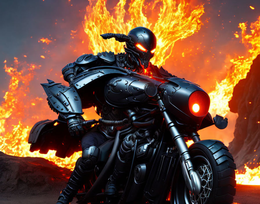 Menacing black-armored figure on motorcycle amid volcanic eruptions