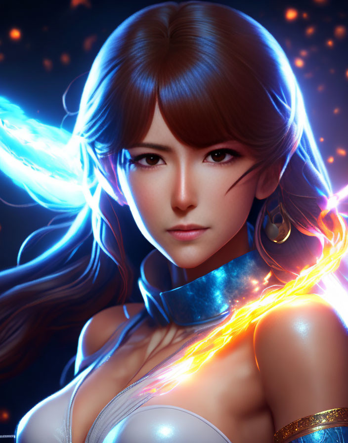 Digital Artwork: Woman with Brown Hair, Blue Glowing Accents, Fiery Orange Elements