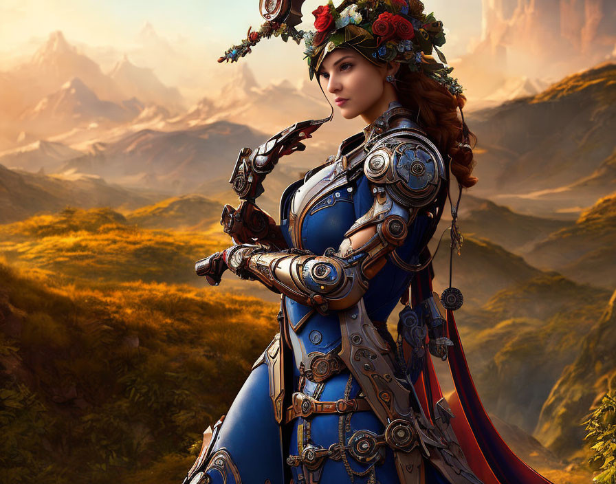 Digital artwork: Woman in blue medieval armor with mechanical elements in fantasy landscape at sunset