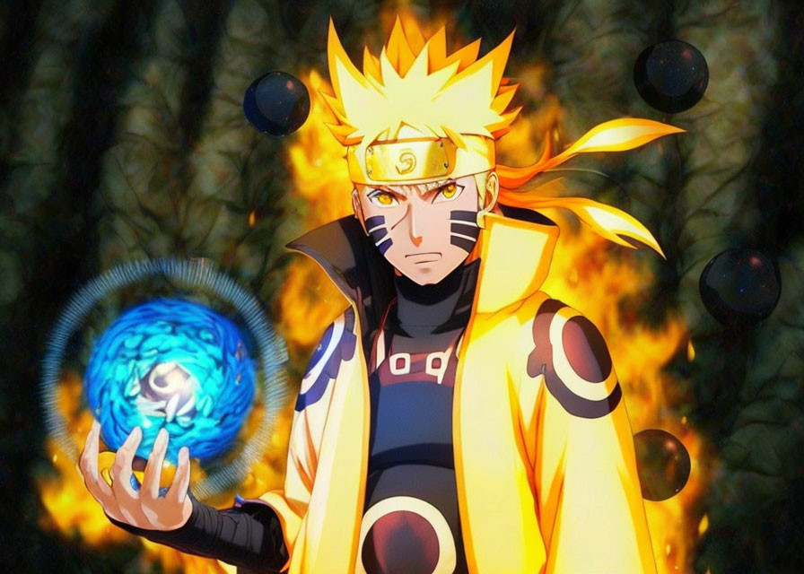 Spiky Blonde-Haired Animated Character with Blue Energy Ball and Fiery Backdrop