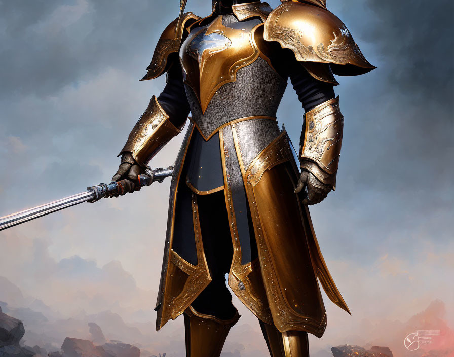 Golden-trimmed knight in ornate armor with lance under cloudy sky