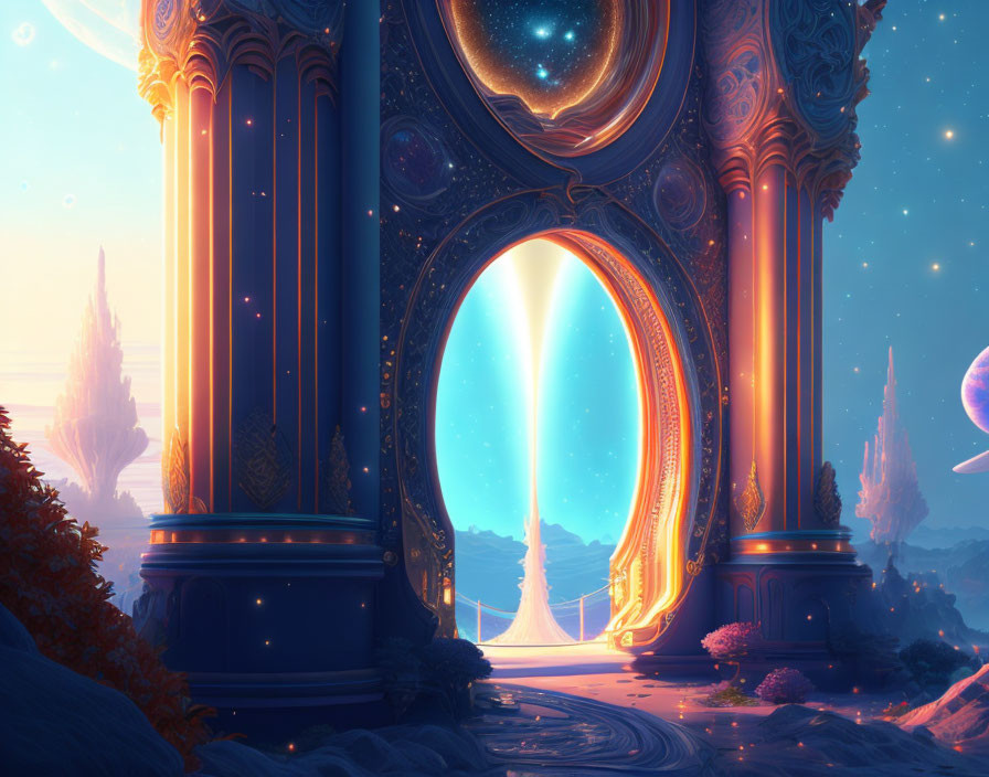 Cosmic archway leads to celestial landscape with visible planets