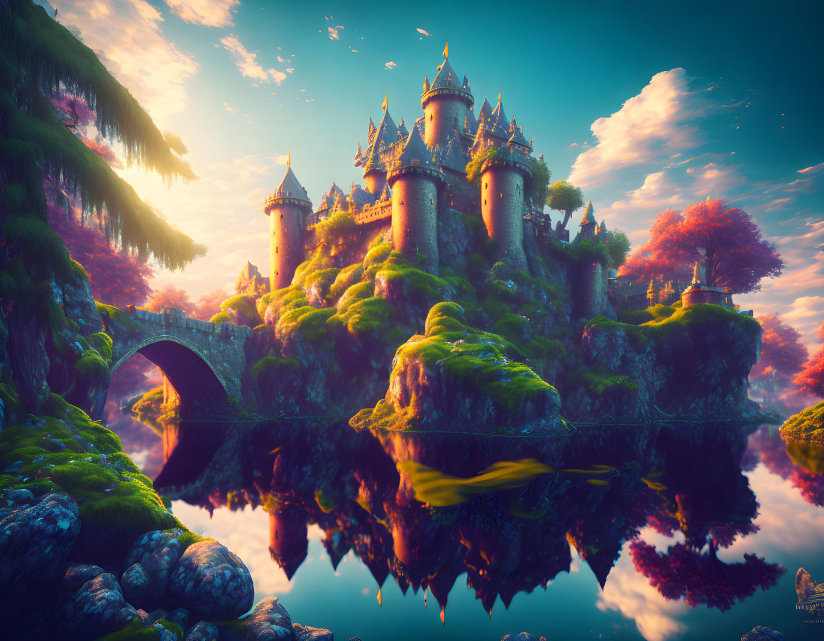 Mystical castle on lush island with spires, stone bridge, serene lake, dreamy sunset