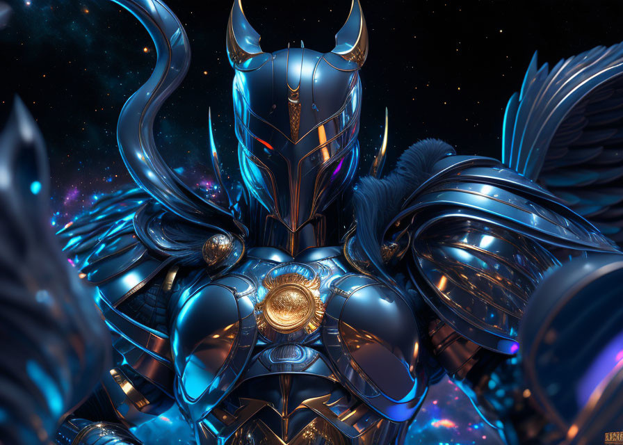 High-Resolution Futuristic Knight Artwork in Dark Blue and Gold Armor