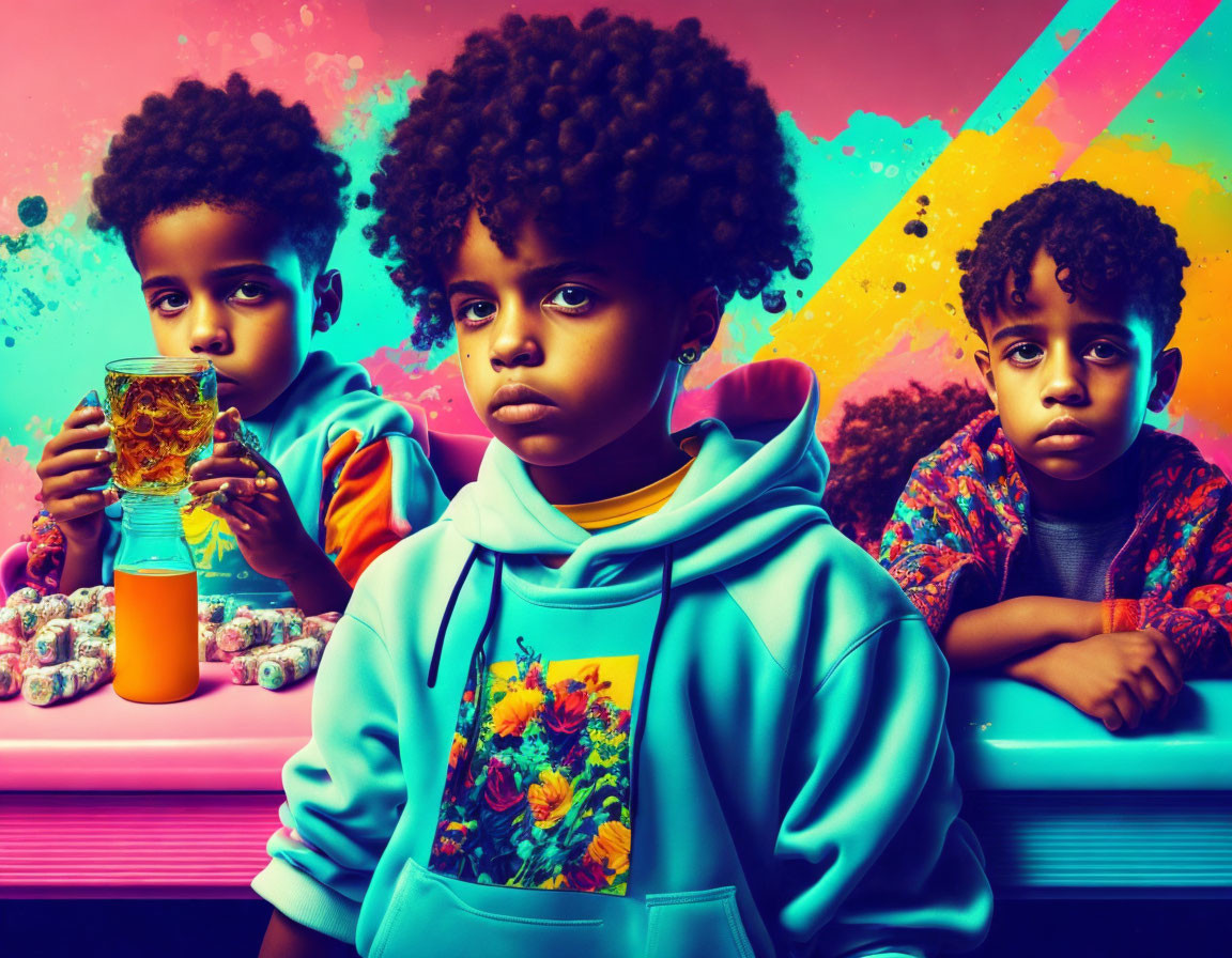 Three serious children at colorful table with candy jar, vibrant graffiti-style backdrop