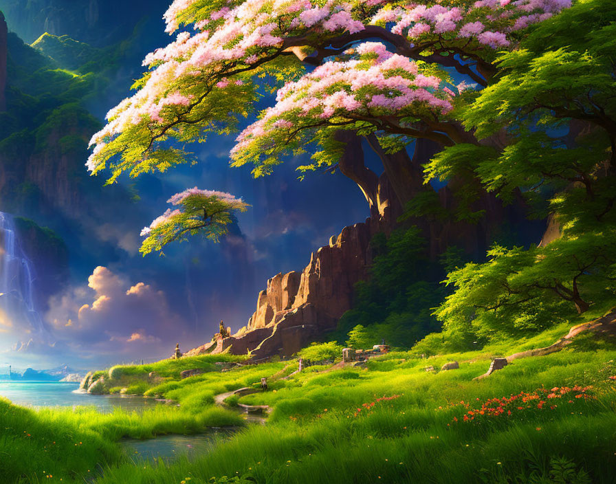 Scenic green meadow with waterfall, pink trees, cliffs