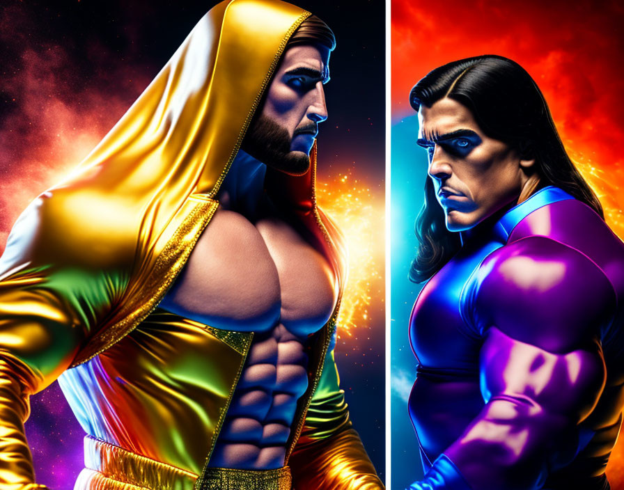 Muscular animated characters in gold and blue/purple cloaks facing each other in colorful space background