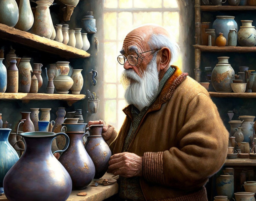 Elderly man with glasses and beard in cozy pottery workshop.