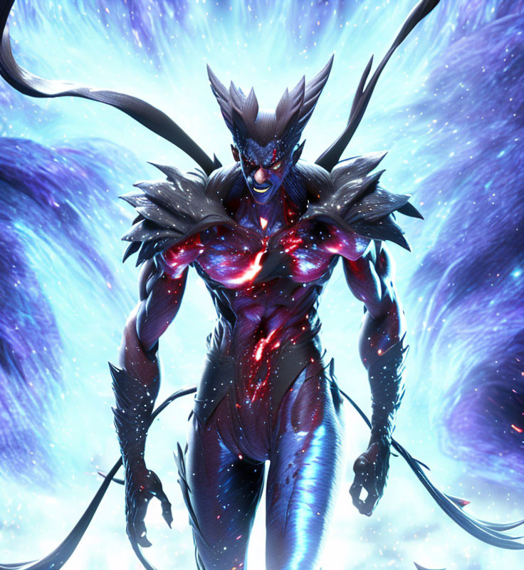 Dark-armored creature with glowing red eyes in cosmic setting