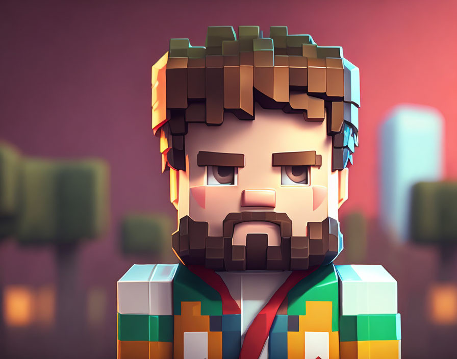 Colorful Outfit 3D Illustration of Blocky Bearded Male Character