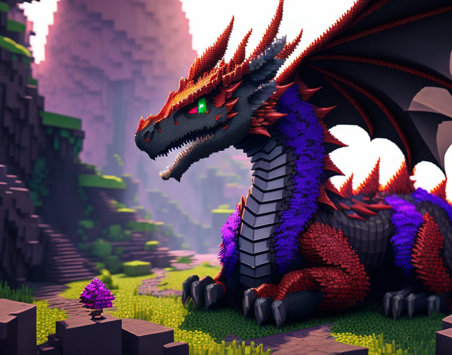 Colorful Voxel Dragon with Red Scales and Purple Wings