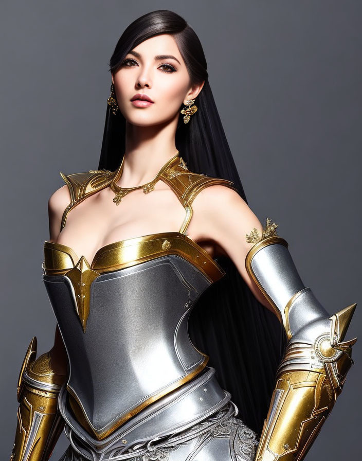 Woman in stylized medieval armor with golden accents on grey background