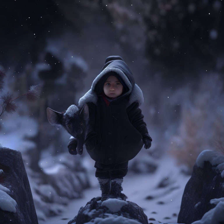 Child in winter coat and hat holding stuffed animal in snowy landscape at dusk