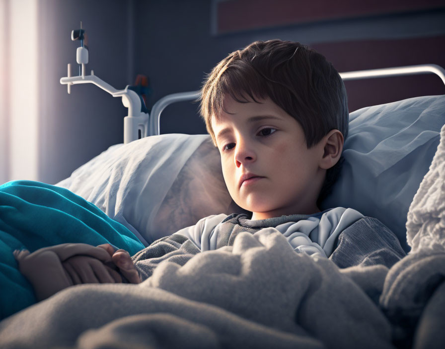 Child resting in hospital bed with blue bedding and IV stand under evening lighting.