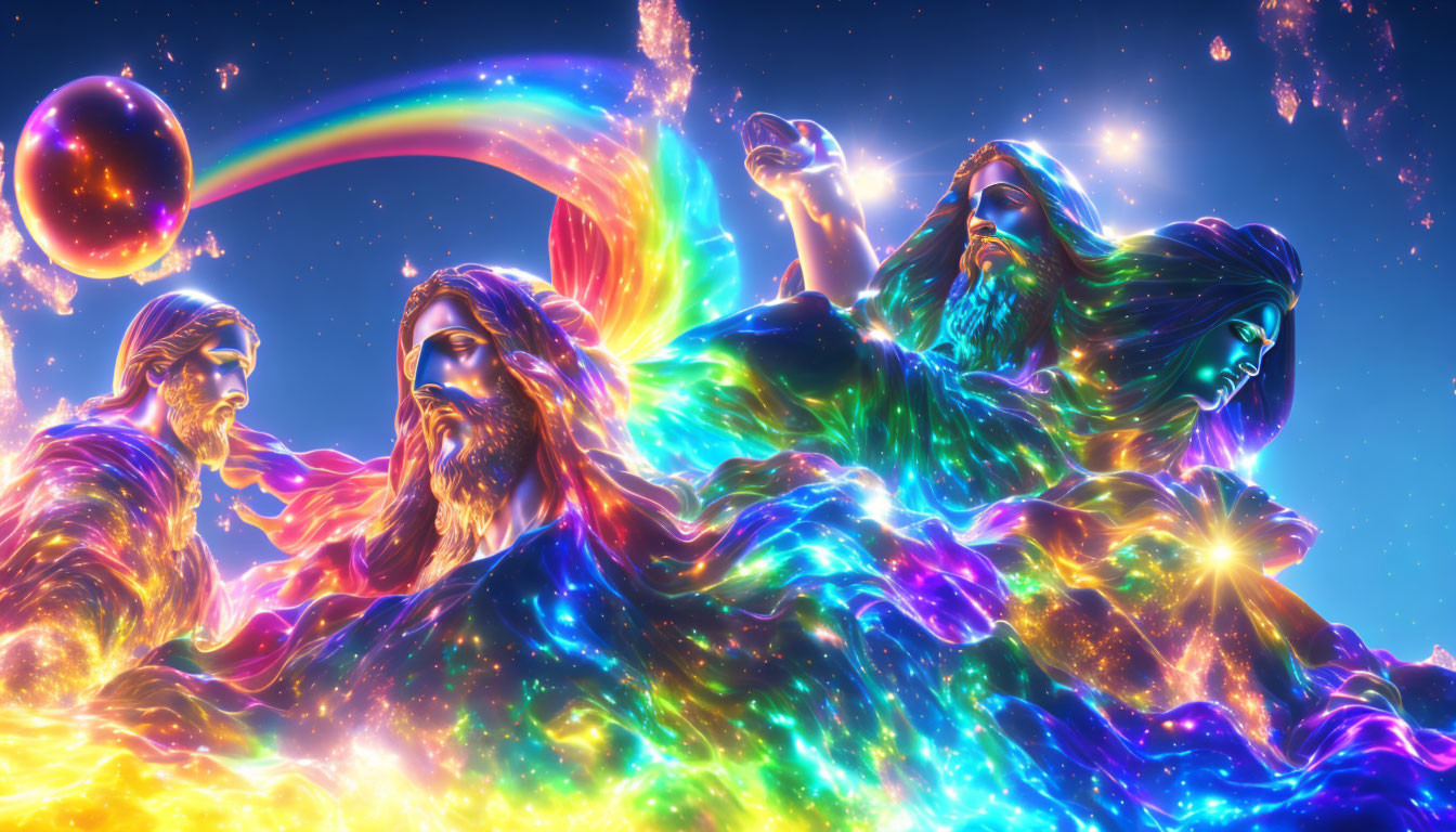 Colorful cosmic scene with three bearded figures, nebula robes, planet, and rainbow