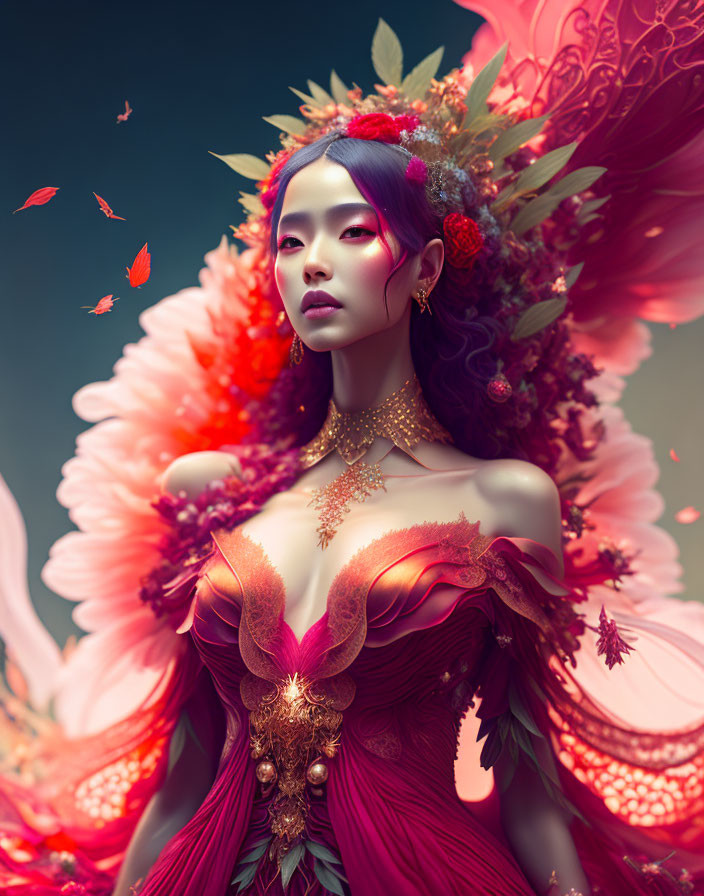 Fantasy digital art: Woman with purple hair in red and gold attire among petals