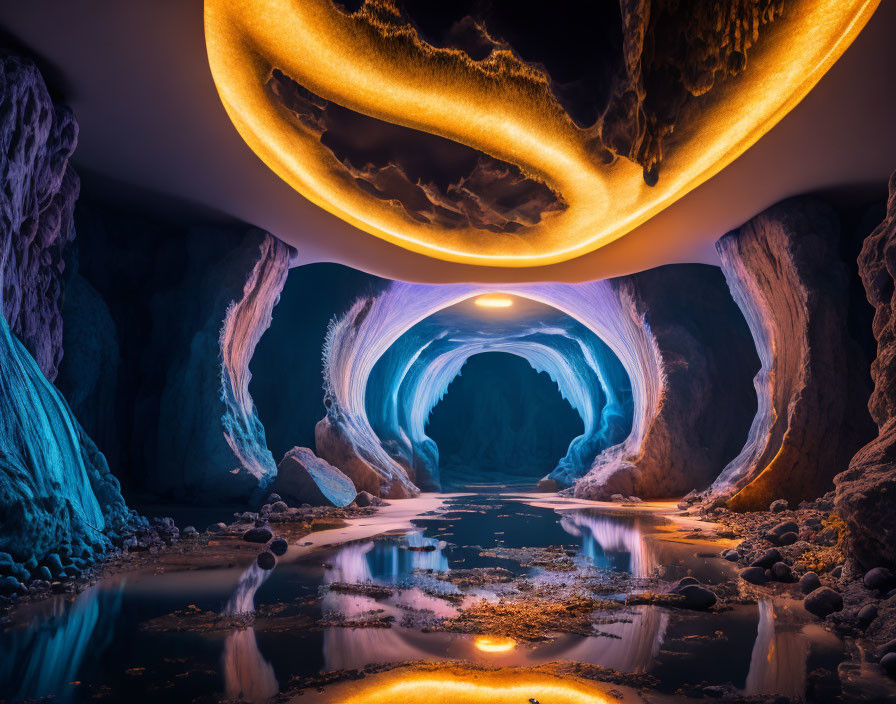 Surreal Cave with Glowing Ring, Orange and Blue Hues