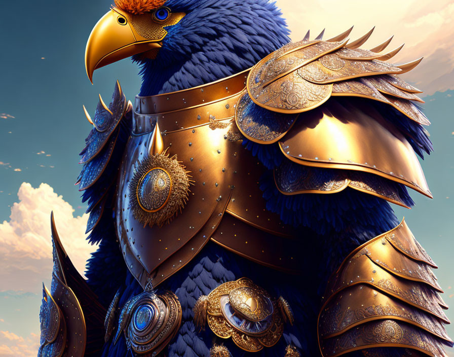 Majestic eagle in intricate golden armor on soft sky backdrop