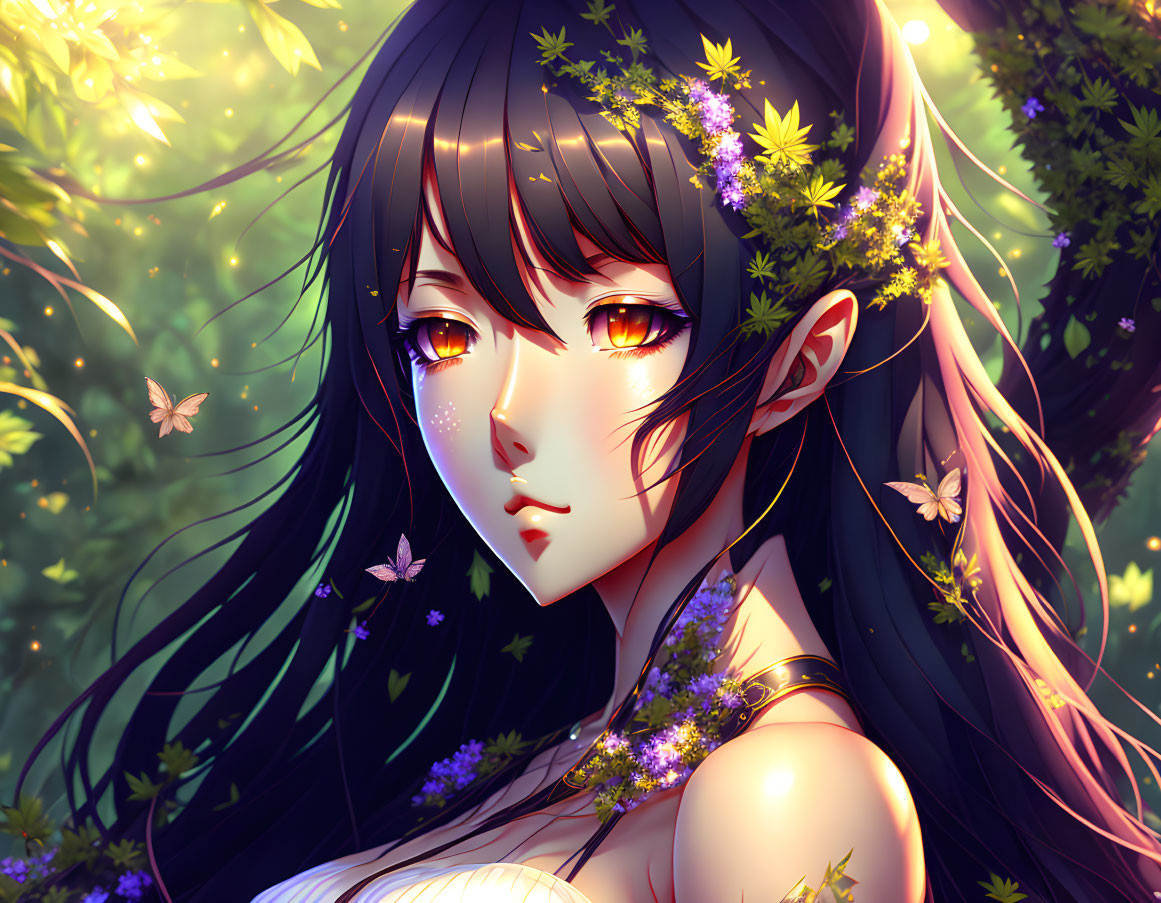 Anime-style illustration of girl with black hair, golden eyes, flowers, and butterflies in green setting